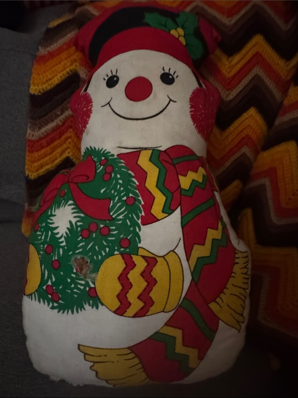 Vintage Retro Christmas Snowman Holiday Decor Stuffed Fabric Pillow Doll ~ 13 In
